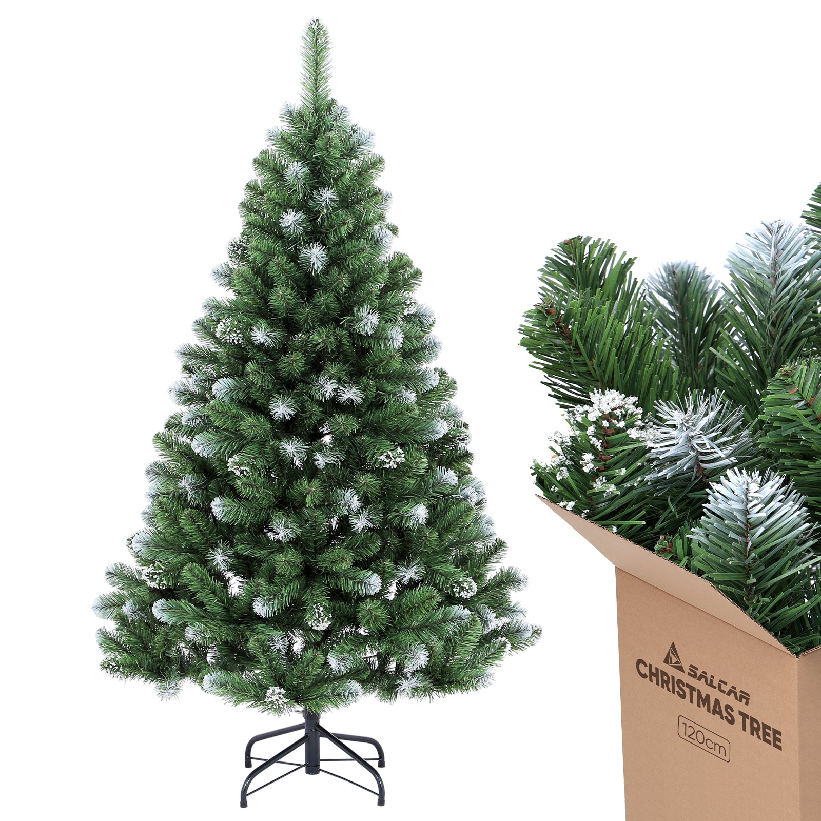 SALCAR Künstlicher Weihnachtsbaum mit Schnee – 120/150/180/210 cm Christbaum, täuschend echt, mit Metallständer, PVC Tannenbaum für Innen & Außen