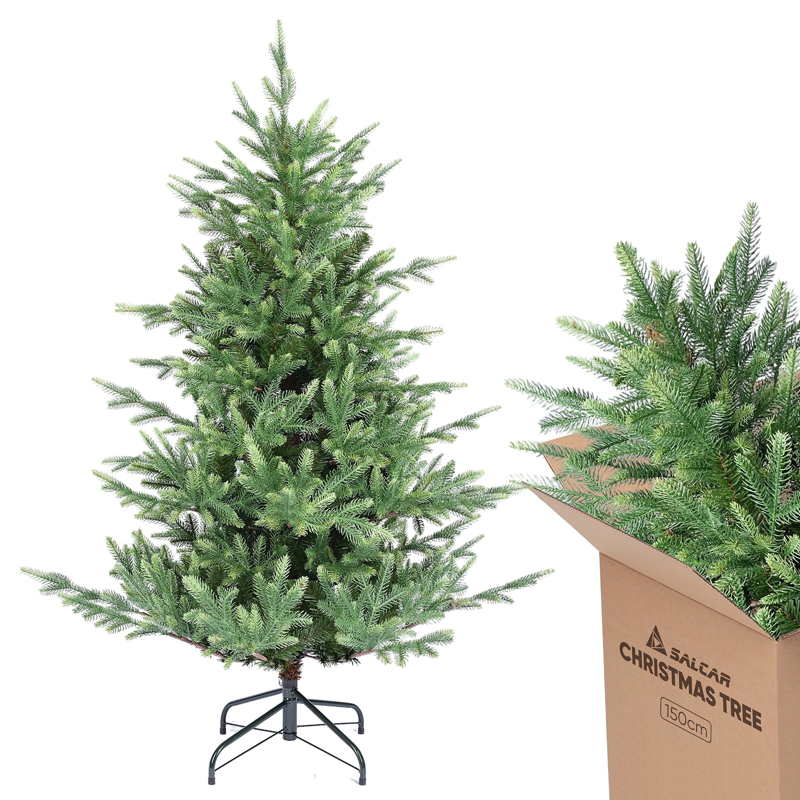 SALCAR Künstlicher Weihnachtsbaum 150/180/210 cm, 90 % PE Spritzguss Premium Tannenbaum, naturgetreuer Christbaum mit Metallständer & Handschuhen – Dicht, Klappbar & Wiederverwendbar