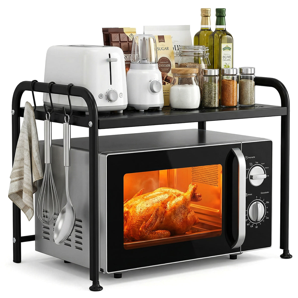 Sekey Mikrowellenregal 59 × 36 × 42,5 cm – Küchenregal aus Metall mit Ablage & 3 Haken, Mikrowellenständer für mehr Stauraum, Schwarz