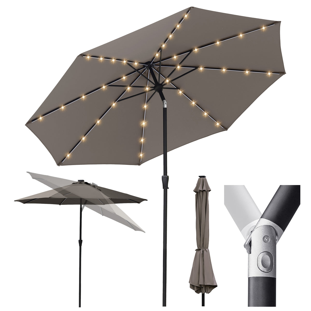 Sekey Solar-LED Sonnenschirm 300cm mit 40 LED, UV 50+, Alu-Sonnenschirm mit Kurbel
