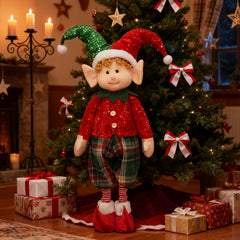 Salcar Weihnachtsjunge 60–90 cm – Stehende Weihnachtsfigur mit teleskopierbaren Beinen, Rote Kleidung & Zipfelmütze, Weihnachtsdeko für Wohnzimmer & Kinderzimmer