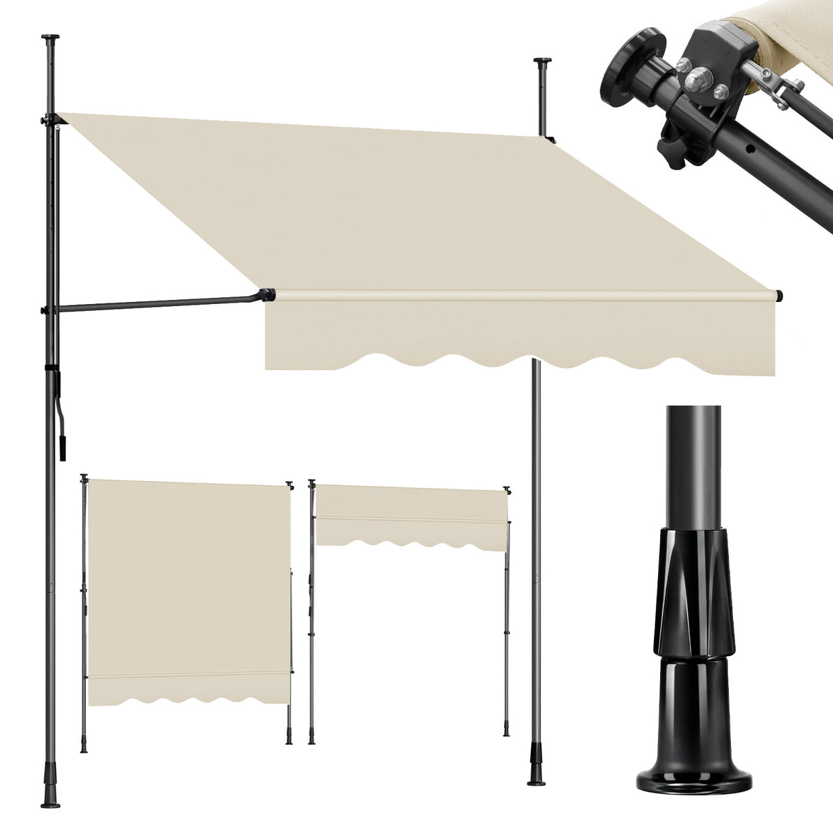 Sekey Klemmmarkise ohne Bohren Beige (200–350 cm Breite), 130 cm Ausfall, 0–90° verstellbar, wasserdicht & UV-Schutz (UPF 50+), Balkon Markise mit Handkurbel für Terrasse & Garten
