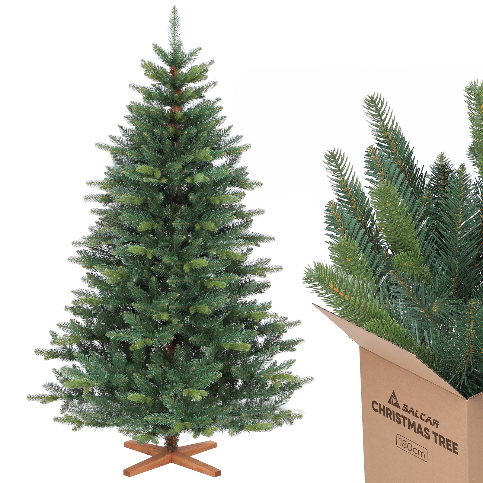 SALCAR Künstlicher Weihnachtsbaum mit Holzständer, Premium PE+PVC Tannenbaum, Realistische & Dichte Optik, Einfacher Aufbau für Innenräume