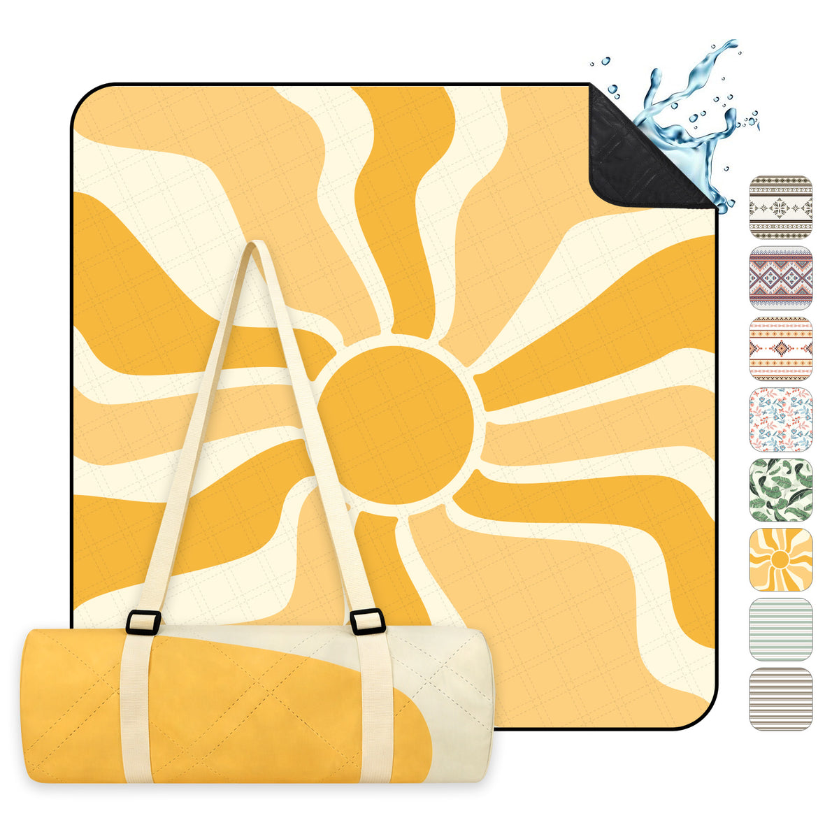 Sekey Picknickdecke Wasserdicht – Sandfreie Stranddecke mit Sonnen-Motiv, PEVA-Unterseite & Tragegurt für Picknick, Camping und Strand