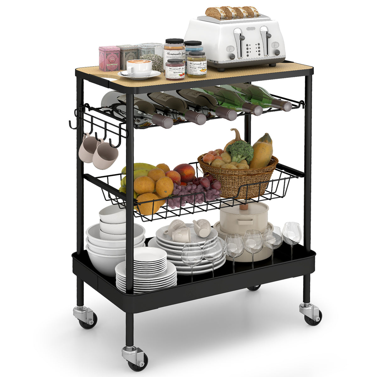 Sekey Serving Trolley with Wheels – Bar Trolley &amp; Kitchen Trolley with MDF Top, Wine Glass Holder, Hooks &amp; Drawer Basket, 360° Wheels, Handle, Rustproof – Black
