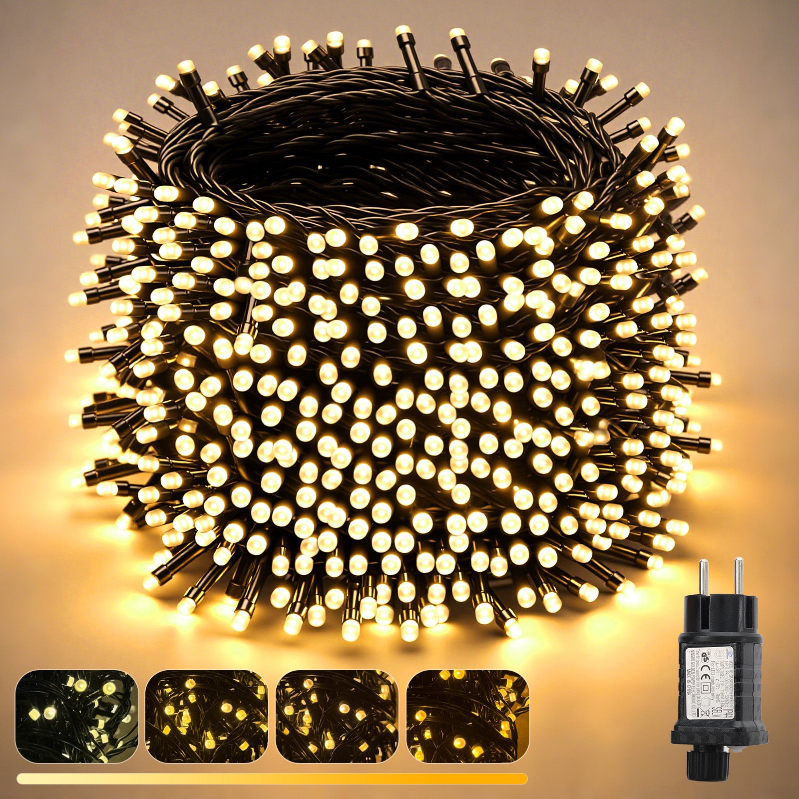 SALCAR LED Lichterkette Außen – 10m/15m/20m, 150–300 LEDs, Wasserdicht, 9 Modi, Timer & Memory, Stufenlos dimmbar, 4 Farbtemperaturen (2800K–1800K), für Garten, Balkon, Party, Weihnachtsbaum