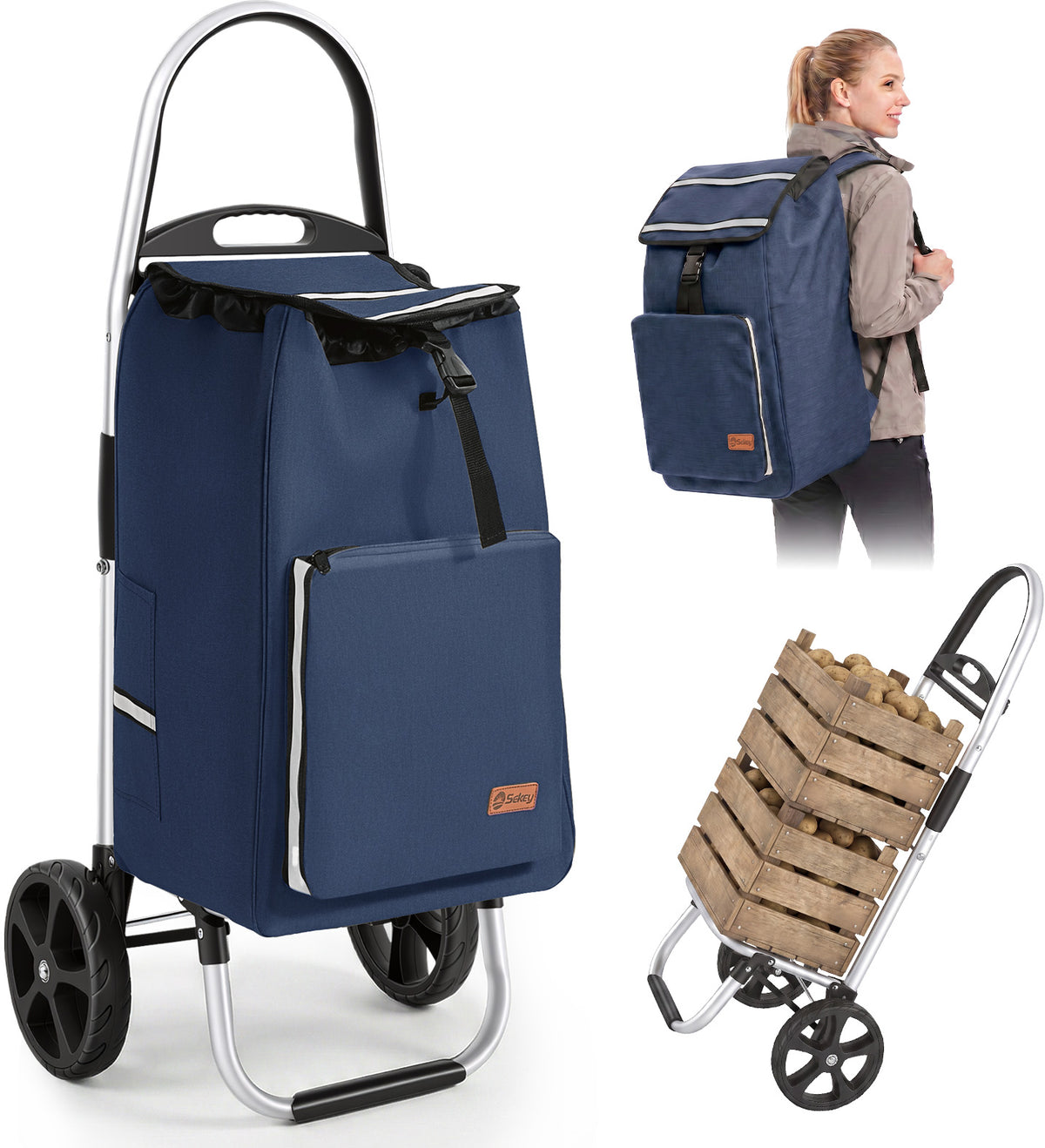 Sekey Einkaufstrolley klappbar 3-in-1 – Einkaufstrolley, Sackkarre & Rucksack mit Aluminiumrahmen, faltbarer Einkaufswagen mit PU-Rädern für Einkauf, Reisen & Alltag