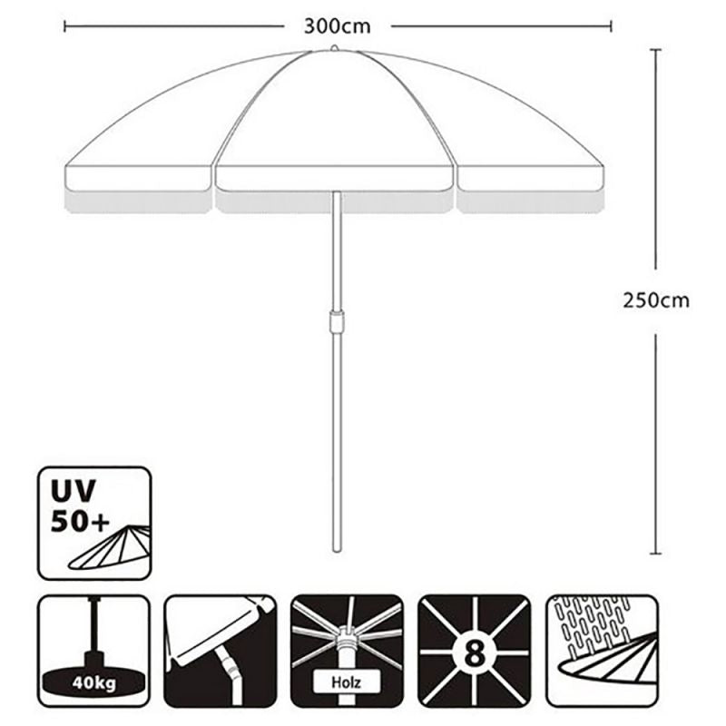 Sekey 300 cm wooden parasol with fringes, sun protection UV50+