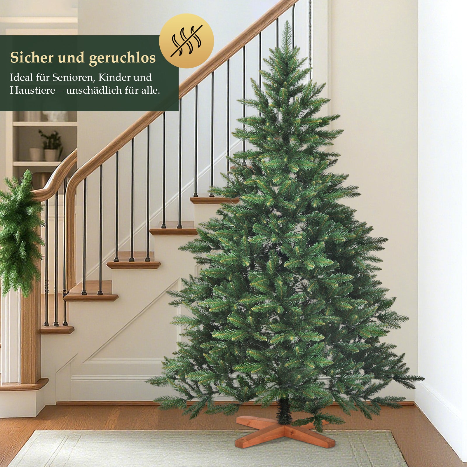 SALCAR Künstlicher Weihnachtsbaum mit Holzständer, 150/180/210 cm, Realistischer PVC Christbaum, Pflegeleicht & Hochwertige Weihnachtsdekoration für Innenräume