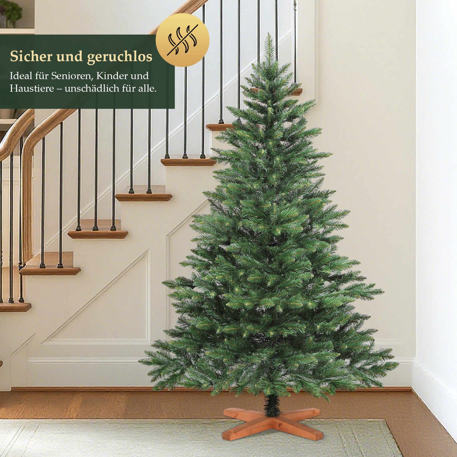 SALCAR Künstlicher Weihnachtsbaum mit Holzständer, 150/180/210 cm, Realistischer PVC Christbaum, Pflegeleicht & Hochwertige Weihnachtsdekoration für Innenräume