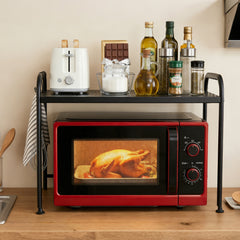 Sekey Mikrowellenregal 59 × 36 × 42,5 cm – Küchenregal aus Metall mit Ablage & 3 Haken, Mikrowellenständer für mehr Stauraum, Schwarz