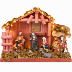 Salcar Weihnachtskrippe aus Holz mit Figuren – 20 LEDs, Batteriebetrieben, 23,5 cm Weihnachtsdeko