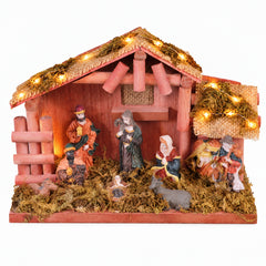 Salcar Weihnachtskrippe aus Holz mit Figuren – 20 LEDs, Batteriebetrieben, 23,5 cm Weihnachtsdeko