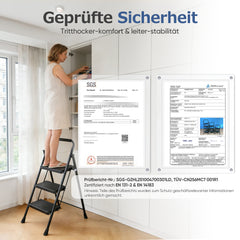 Sekey Klappbare Trittleiter 2/3/4 Stufen – Stahlrahmen, rutschfeste Trittflächen, TÜV & SGS geprüft, bis 150 kg belastbar, Schwarz