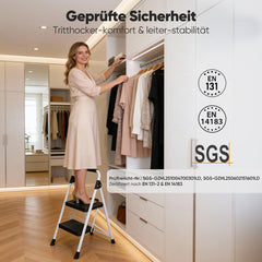 Sekey Klappbare Trittleiter 2 oder 3 Stufen – Haushaltsleiter aus Stahl mit breiten rutschfesten Kunststoffstufen, SGS EN131-2 & EN14183 geprüft, bis 150 kg belastbar