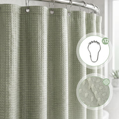 Sekey Grün Duschvorhang 180 × 200 cm, Textil Badewannenvorhang mit Waffelstruktur, Wasserabweisend & Waschbar, 100 % Polyester, mit Beschwerungsband & 12 Edelstahlringen