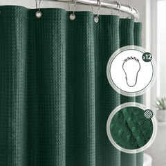 Sekey Dunkelgrün Duschvorhang 180 × 200 cm, Textil Badewannenvorhang mit Waffelstruktur, Wasserabweisend & Waschbar, 100 % Polyester, mit Beschwerungsband & 12 Edelstahlringen