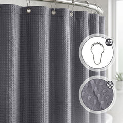 Sekey Dunkelgrau Duschvorhang 180 × 200 cm, Textil Badewannenvorhang mit Waffelstruktur, Wasserabweisend & Waschbar, 100 % Polyester, mit Beschwerungsband & 12 Edelstahlringen