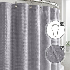 Sekey Grau Duschvorhang 180 × 200 cm, Textil Badewannenvorhang mit Waffelstruktur, Wasserabweisend & Waschbar, 100 % Polyester, mit Beschwerungsband & 12 Edelstahlringen