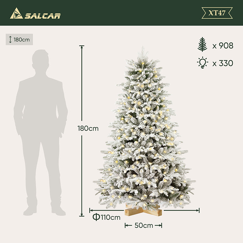 Salcar 180 Artificial Christmas tree with snow, wooden stand, with 908 tips made of PVC and PE