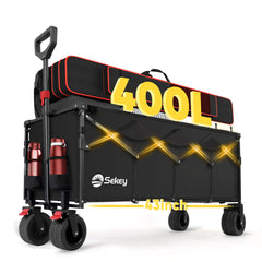 Sekey Faltbarer Bollerwagen 400 L, Extra Lang (110 cm), 200 kg Tragkraft, Schwerlast Transportwagen mit Geländerädern & Getränkehalter – Für Strand, Camping & Garten Sekey