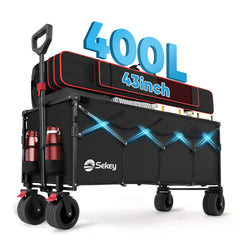 Sekey Faltbarer Bollerwagen 400 L, Extra Lang (110 cm), 200 kg Tragkraft, Schwerlast Transportwagen mit Geländerädern & Getränkehalter – Für Strand, Camping & Garten Sekey