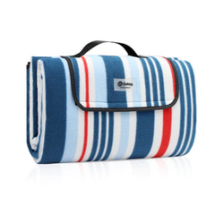 Sekey Picknickdecke – Wasserdicht & sandfest, faltbare Strandmatte mit PEVA-Unterseite, gepolstert & tragbar für Camping, Strand & Wiese – Blau-Weiß-Rote Streifen Sekey