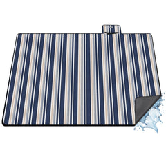 Sekey Wasserdichte Picknickdecke – Sandfeste, faltbare Strandmatte mit gepolstertem PEVA-Untergrund, tragbar für Outdoor, Camping, Strand & Wiese, Blau-Weiß-Beige Streifen Sekey