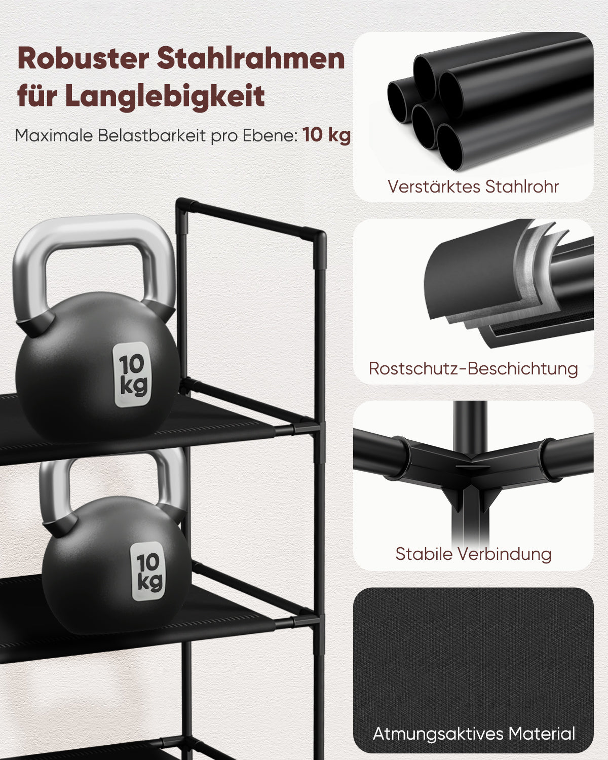 Sekey Schuhregal 3/4 Ebenen – Stapelbares Schuhregal aus Metall und Vliesstoff, platzsparend, stabil, ohne Bohren, für Flur, Schlafzimmer & Bad, Schwarz