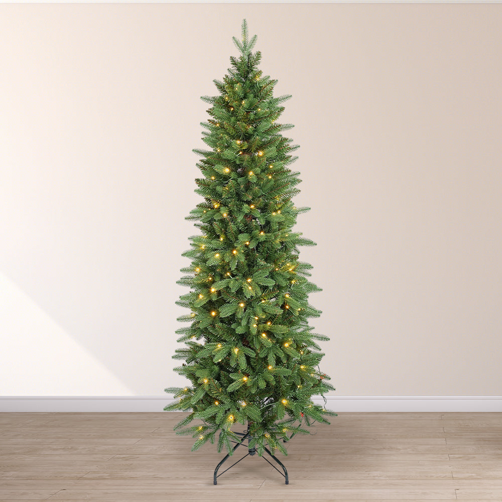 SALCAR Schmaler Kunst-Weihnachtsbaum 180 cm – Realistischer Pencil Christbaum mit warmweißen LEDs, grüner Tannenbaum aus PE & PVC
