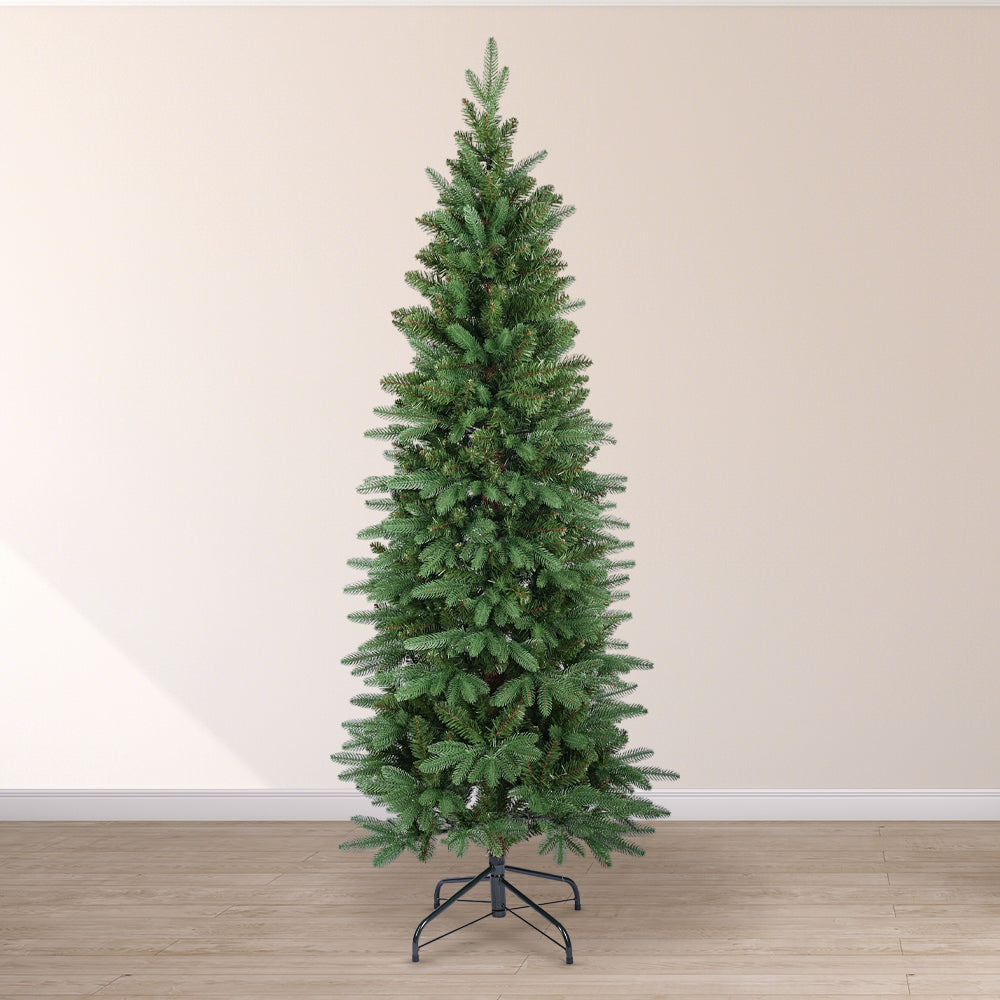 SALCAR Schmaler Kunst-Weihnachtsbaum 180 cm – Realistischer Pencil Christbaum mit warmweißen LEDs, grüner Tannenbaum aus PE & PVC