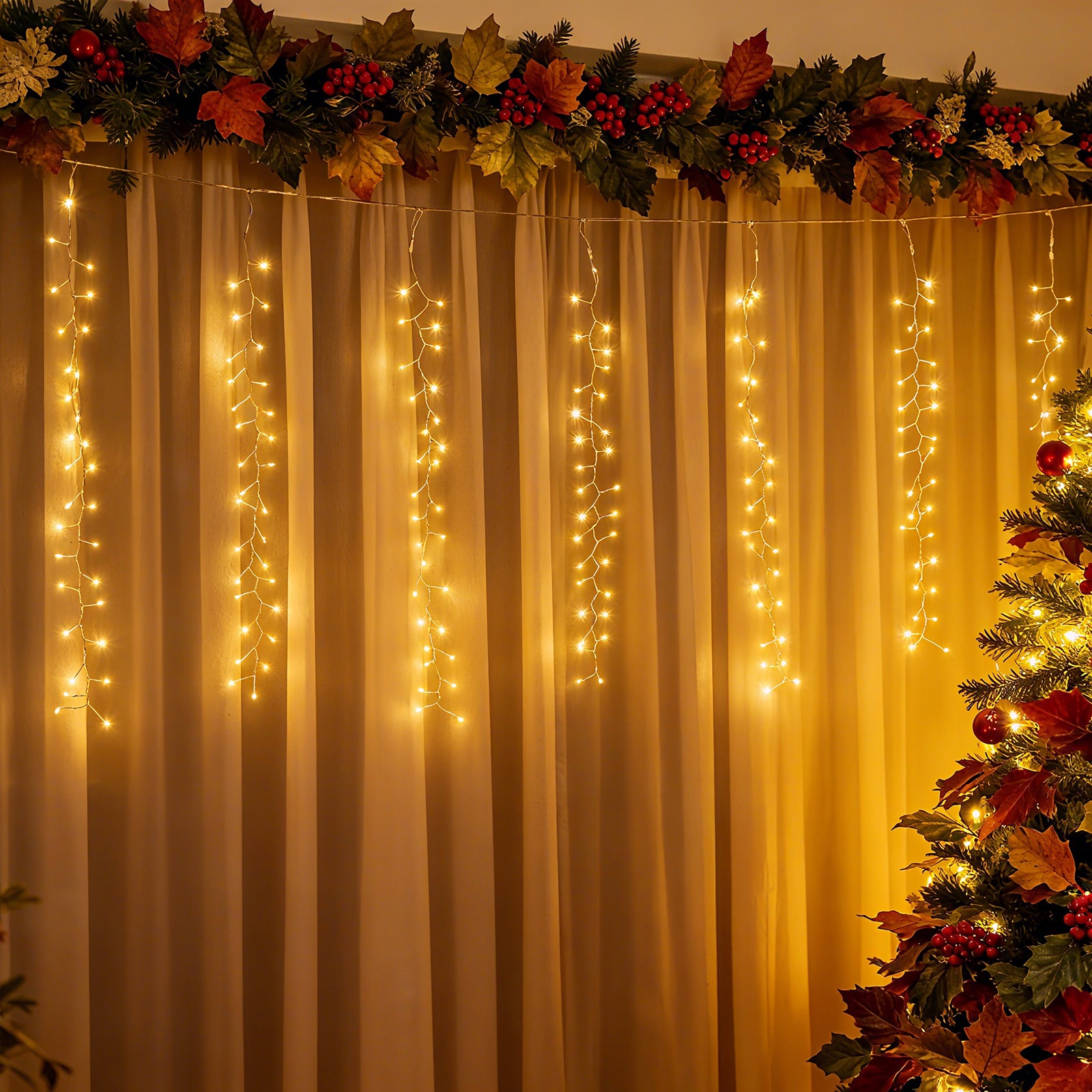 SALCAR LED-Lichtervorhang 300er Eisregen 3x1 m, 8 Modi & Timer, Warmweiß, IP44, Innen- & Außenbeleuchtung für Weihnachten & Party