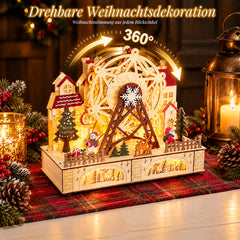 Salcar LED Weihnachtsdorf aus Holz mit Riesenrad – 27,5 cm, 12 LEDs, Batteriebetrieben, Rot & Weiß