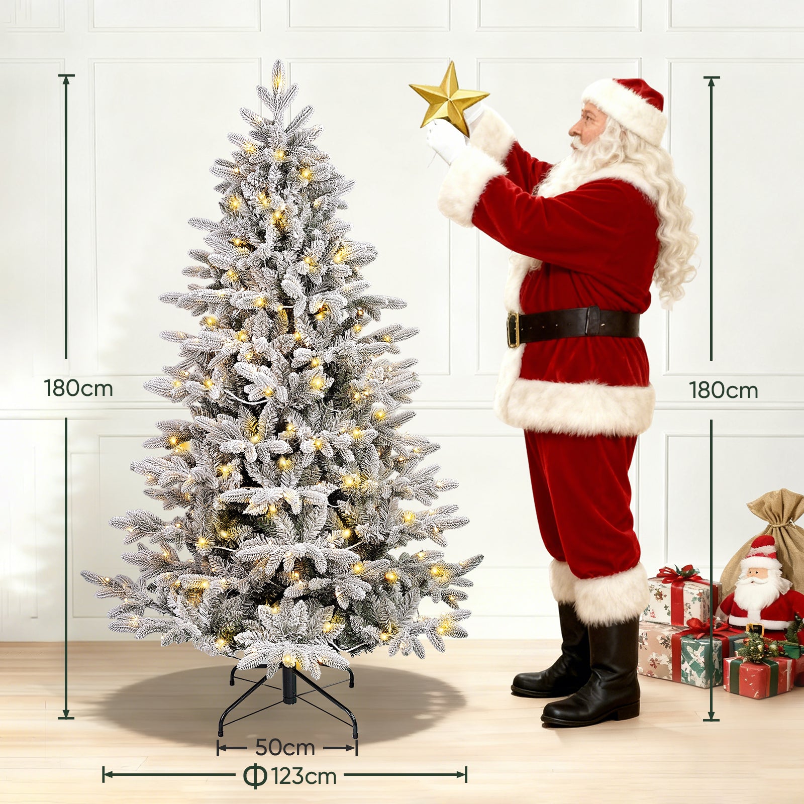 Künstlicher Weihnachtsbaum mit Schnee und LED Beleuchtung – Realistischer Tannenbaum mit Metallständer, 180 cm / 210 cm, warmweißes Licht