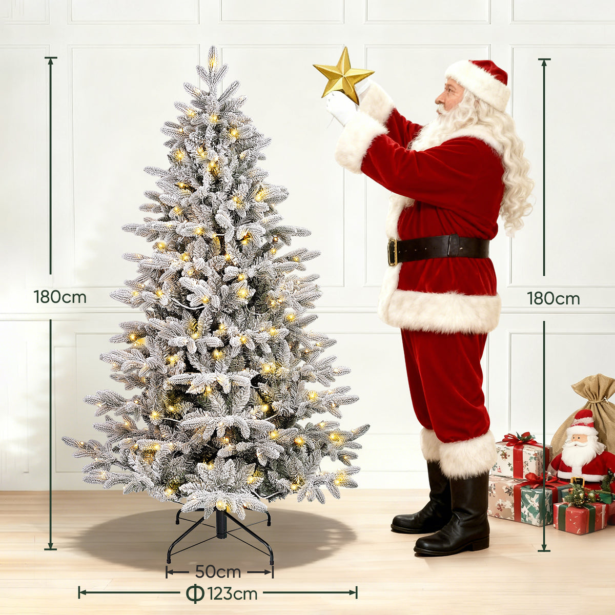 Künstlicher Weihnachtsbaum mit Schnee und LED Beleuchtung – Realistischer Tannenbaum mit Metallständer, 180 cm / 210 cm, warmweißes Licht