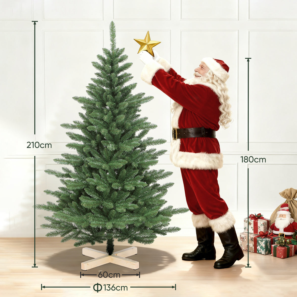 SALCAR Artificial Christmas Tree 180 cm / 210 cm – Realistic PVC Christmas Tree with Wooden Stand for Indoor &amp; Outdoor Use