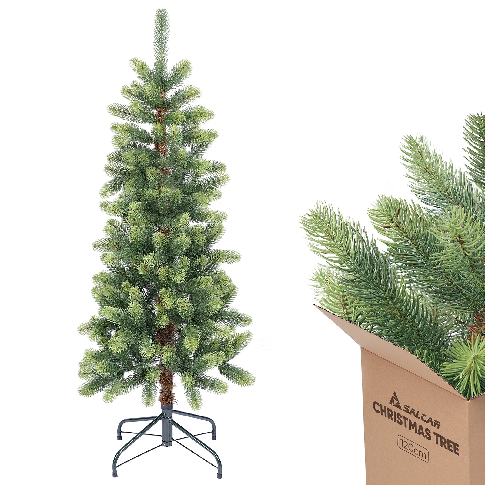 SALCAR Schmaler Künstlicher Weihnachtsbaum 120/150/180/210 cm | Slim Nordmanntanne aus PE, Platzsparend, Realistisch, Wiederverwendbar, Mit Metallständer