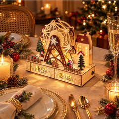 Salcar LED Weihnachtsdorf aus Holz mit Riesenrad – 27,5 cm, 12 LEDs, Batteriebetrieben, Rot & Weiß