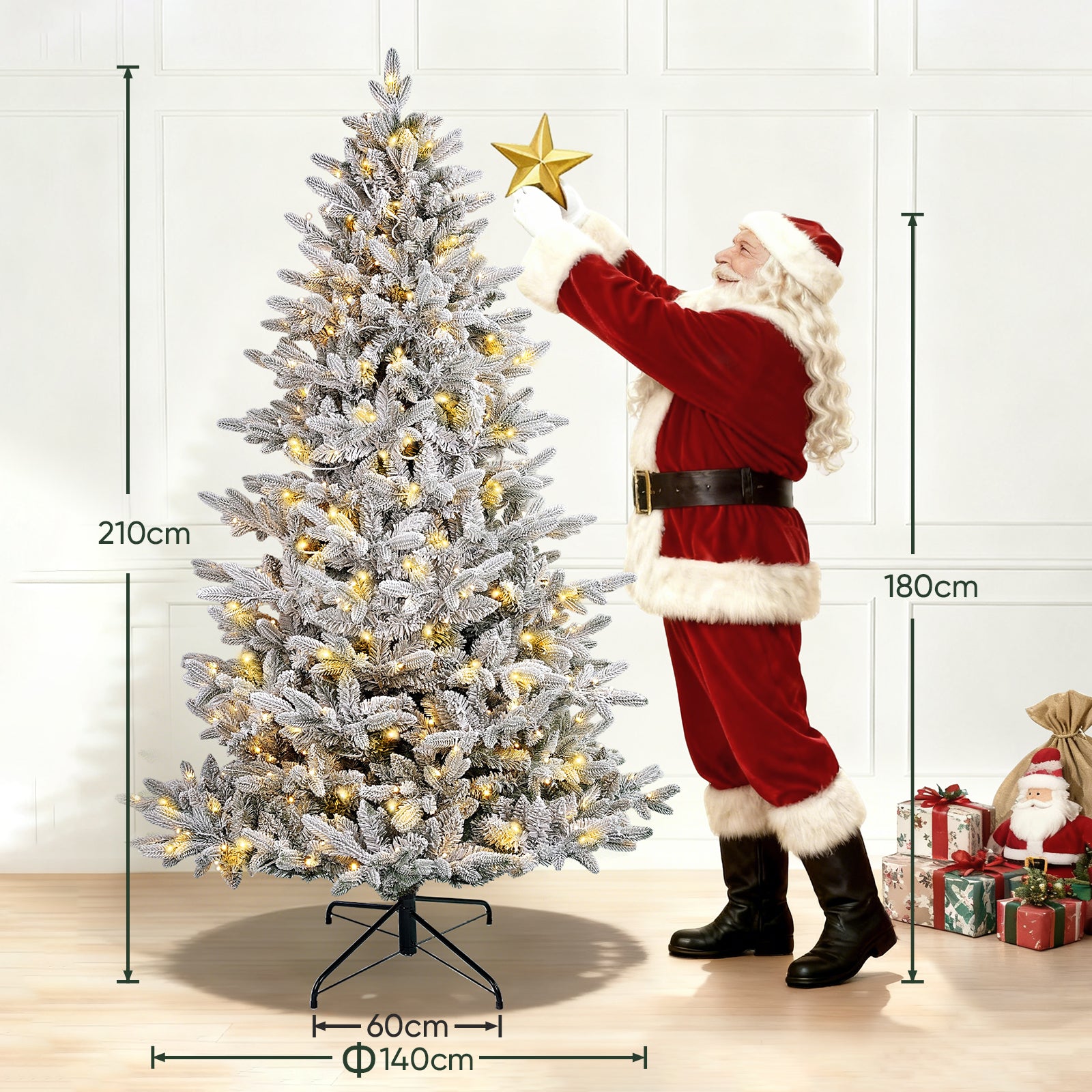 Künstlicher Weihnachtsbaum mit Schnee und LED Beleuchtung – Realistischer Tannenbaum mit Metallständer, 180 cm / 210 cm, warmweißes Licht