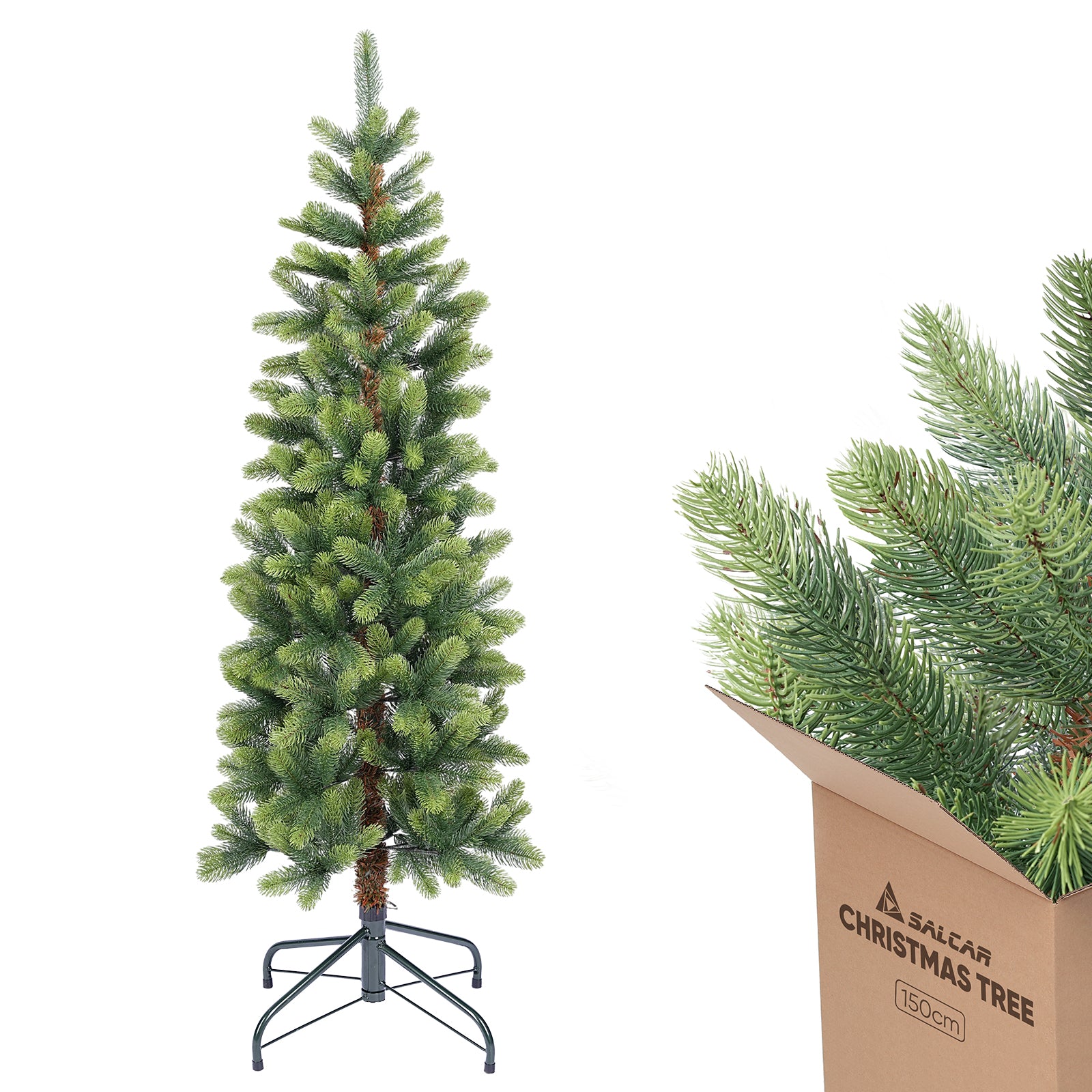 SALCAR Schmaler Künstlicher Weihnachtsbaum 120/150/180/210 cm | Slim Nordmanntanne aus PE, Platzsparend, Realistisch, Wiederverwendbar, Mit Metallständer