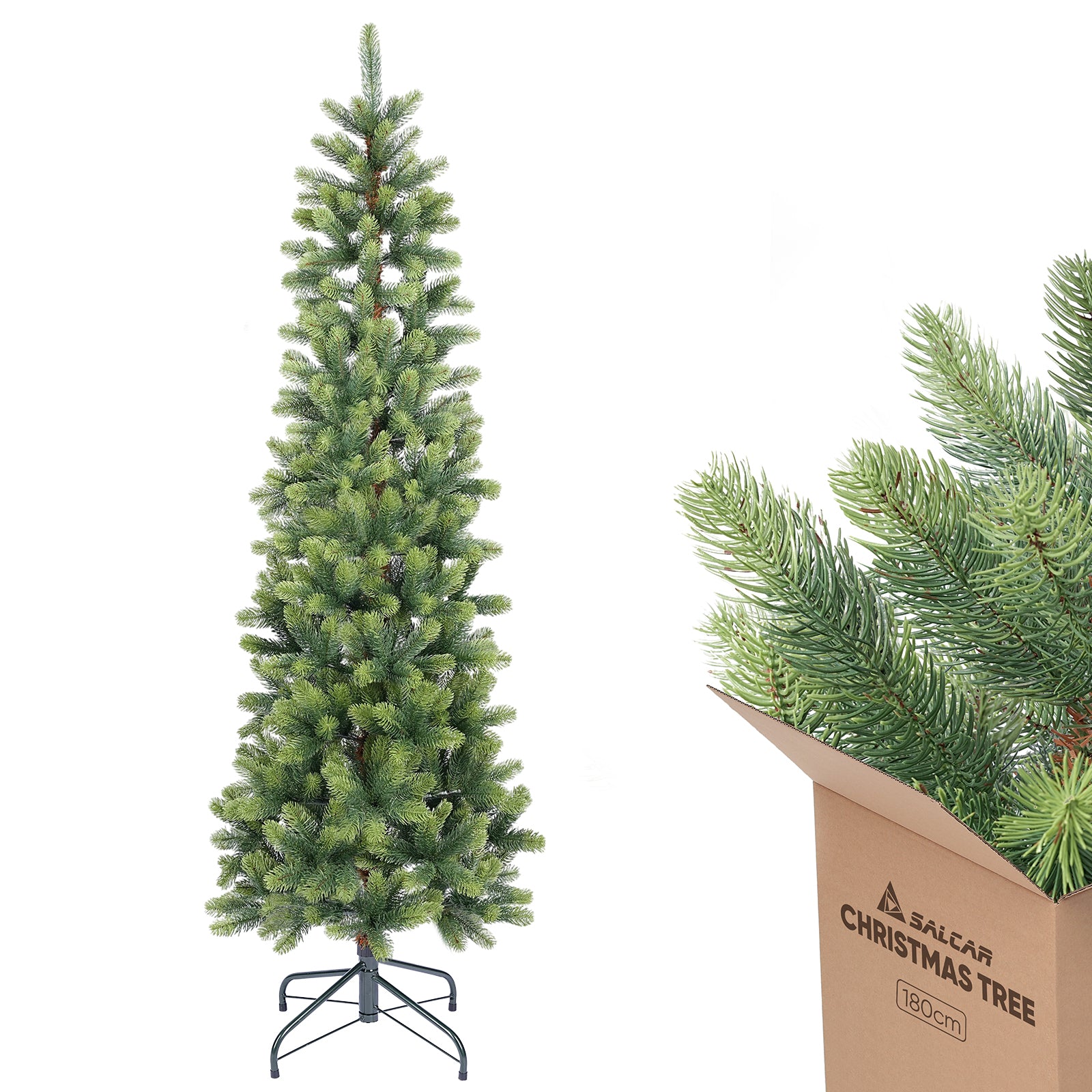 SALCAR Schmaler Künstlicher Weihnachtsbaum 120/150/180/210 cm | Slim Nordmanntanne aus PE, Platzsparend, Realistisch, Wiederverwendbar, Mit Metallständer