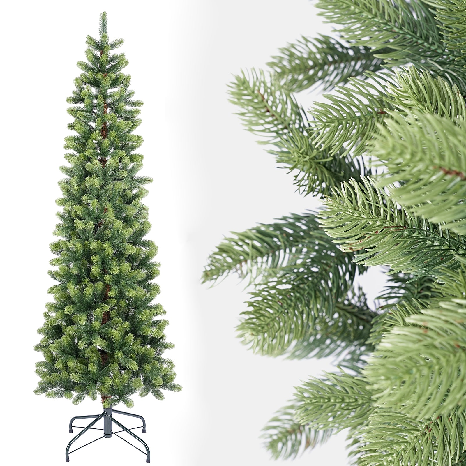 SALCAR Schmaler Künstlicher Weihnachtsbaum 120/150/180/210 cm | Slim Nordmanntanne aus PE, Platzsparend, Realistisch, Wiederverwendbar, Mit Metallständer