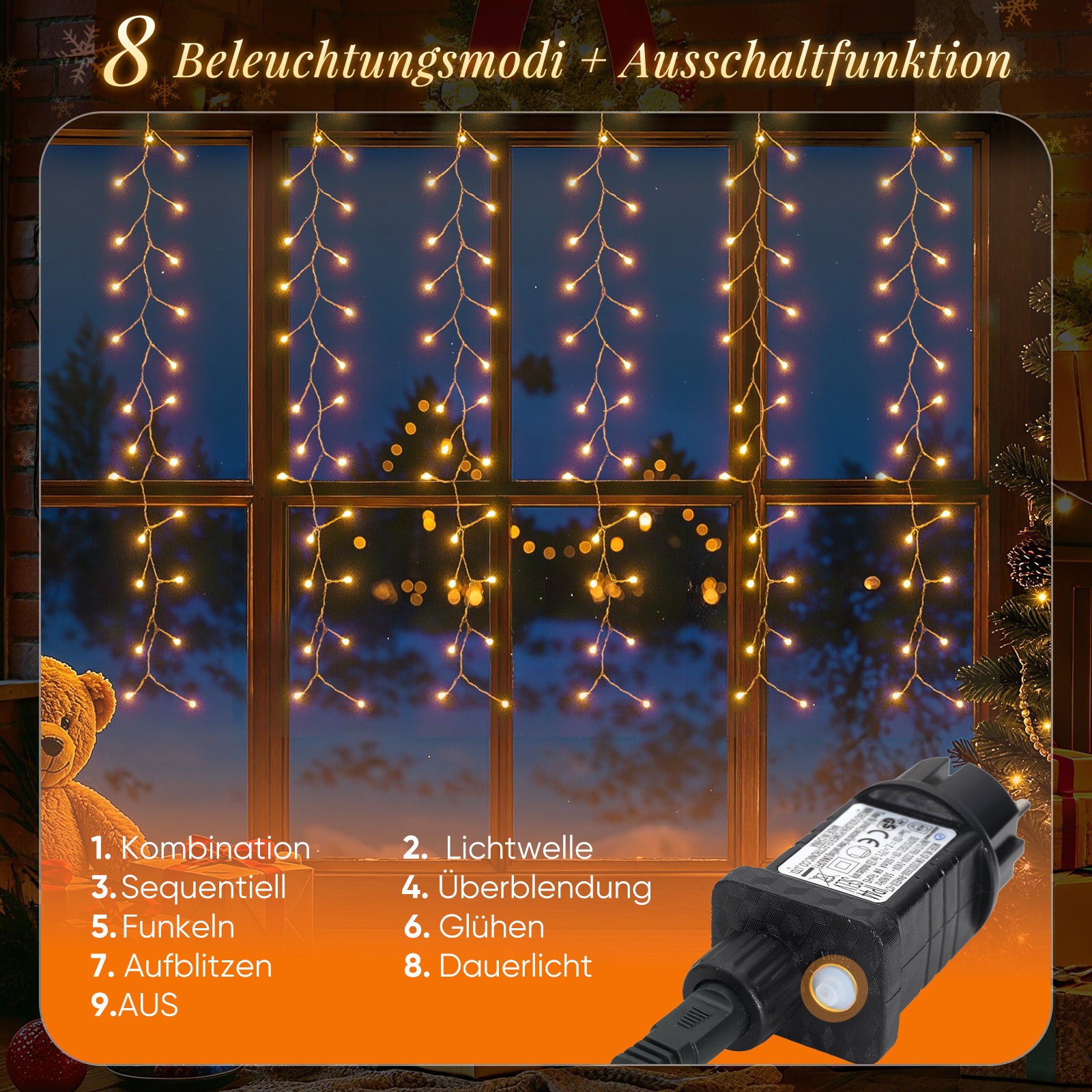 SALCAR LED-Lichtervorhang 300er Eisregen 3x1 m, 8 Modi & Timer, Warmweiß, IP44, Innen- & Außenbeleuchtung für Weihnachten & Party