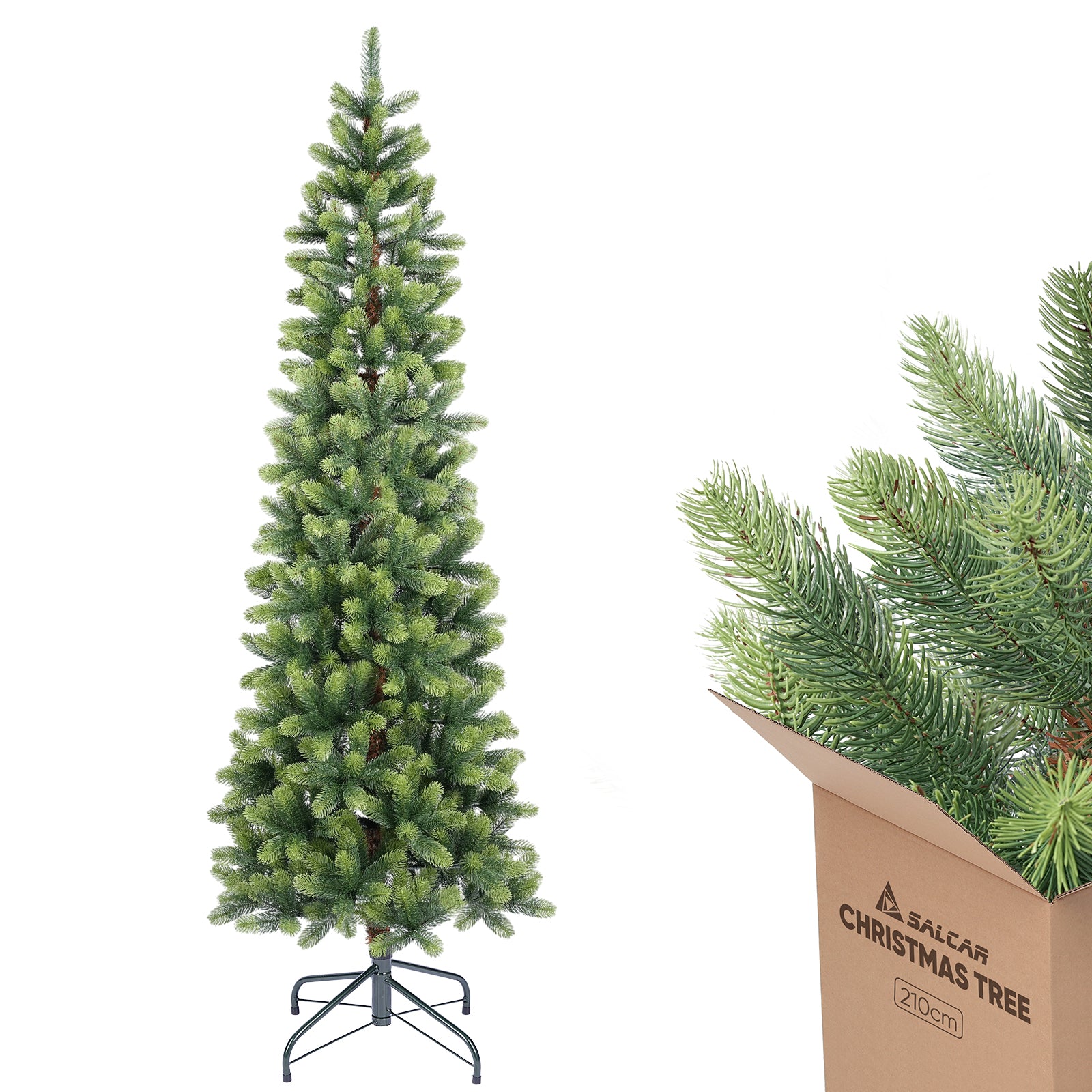 SALCAR Schmaler Künstlicher Weihnachtsbaum 120/150/180/210 cm | Slim Nordmanntanne aus PE, Platzsparend, Realistisch, Wiederverwendbar, Mit Metallständer
