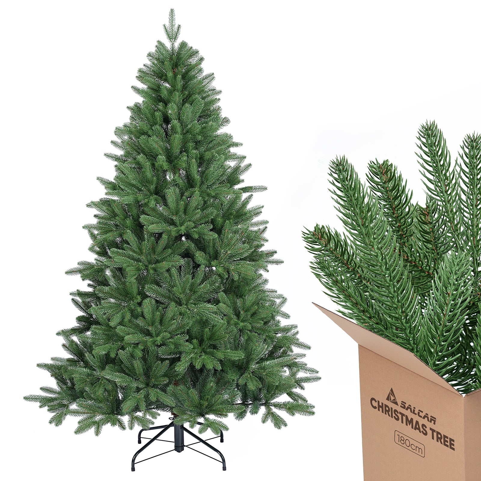 SALCAR Premium Künstlicher Weihnachtsbaum 150cm/180cm/210cm – Nordmanntanne aus 100 % PE, naturgrün, form- & farbstabil, geruchlos, nadelfrei