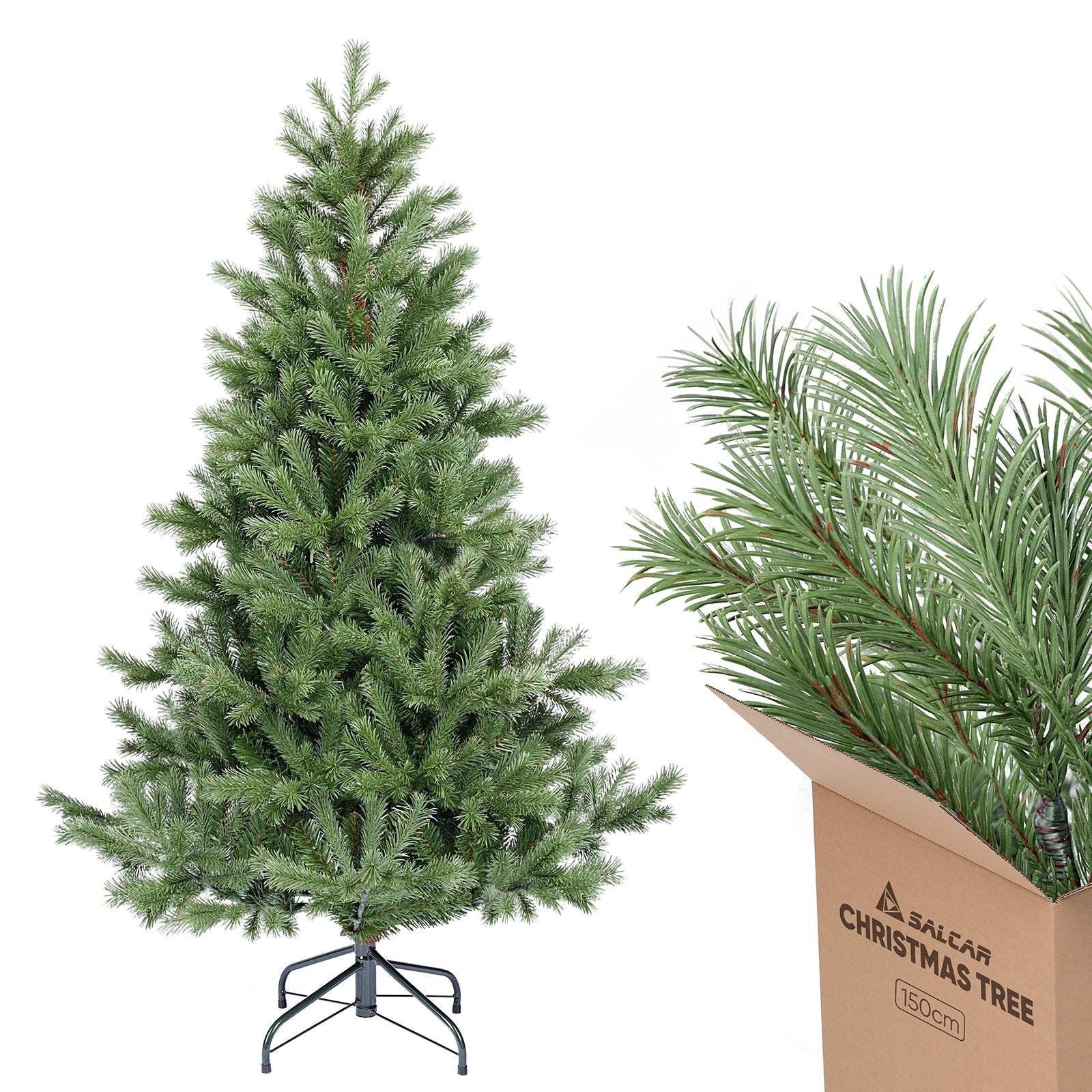 SALCAR Künstlicher Weihnachtsbaum 150/180/210 cm aus 90 % PE Spritzguss, Premium Nordmanntanne, realistischer Christbaum mit stabilem Metallständer & Schnellaufbau-Klappsystem