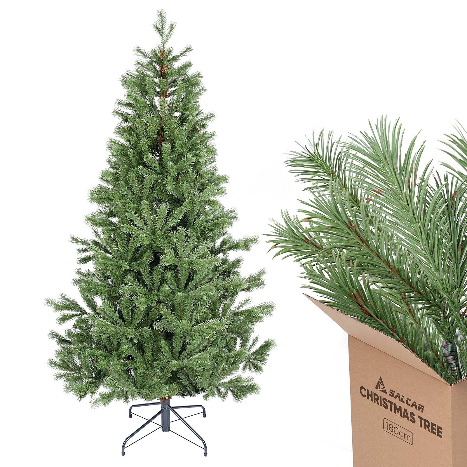 SALCAR Künstlicher Weihnachtsbaum 150/180/210 cm aus 90 % PE Spritzguss, Premium Nordmanntanne, realistischer Christbaum mit stabilem Metallständer & Schnellaufbau-Klappsystem