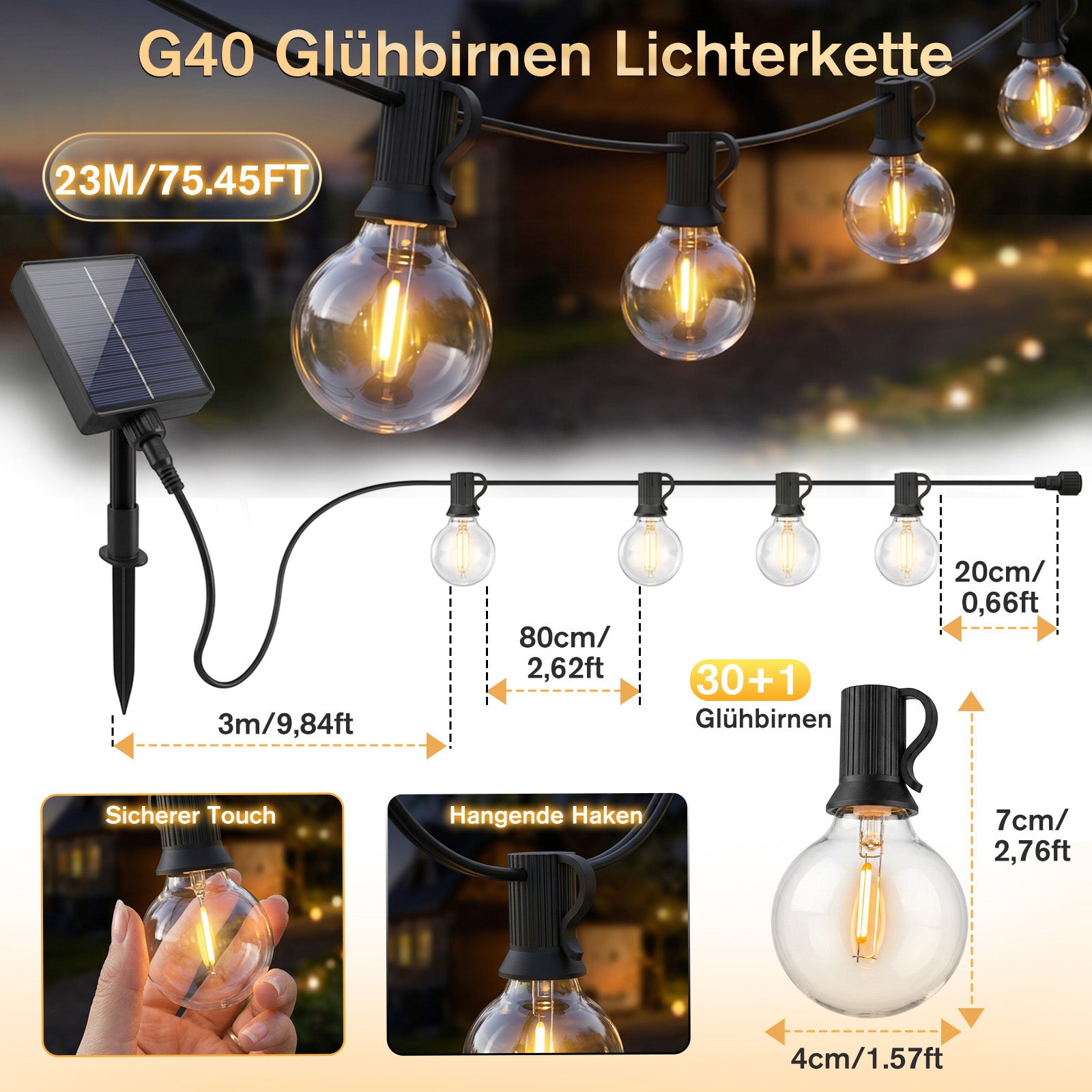 Seklin Solar Lichterkette Für Außen – 30 M, G40 LED-Glühbirnen, 8 Modi, Dimmbar, IP65 Wasserdicht, Fernbedienung, 2400 MAh Akku – Für Garten, Terrasse, Party & Hochzeit