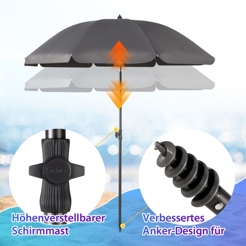 Sekey ∅ 180 cm beach umbrella with protective cover and ground sleeve, sun protection UV50+