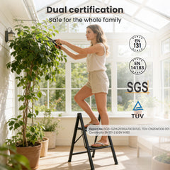 Sekey Klapptrittleiter 2 & 3 Stufen – Rutschfeste Trittleiter mit Stahlrahmen & Aluminiumstufen, TÜV & SGS geprüft, bis 150 kg, Schwarz